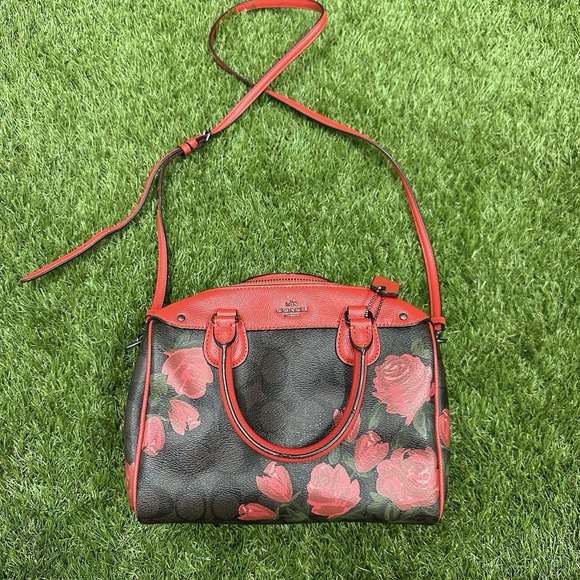 Coach Canvas Mini Bennett Brown Rose Floral Red - Picture 5 of 12